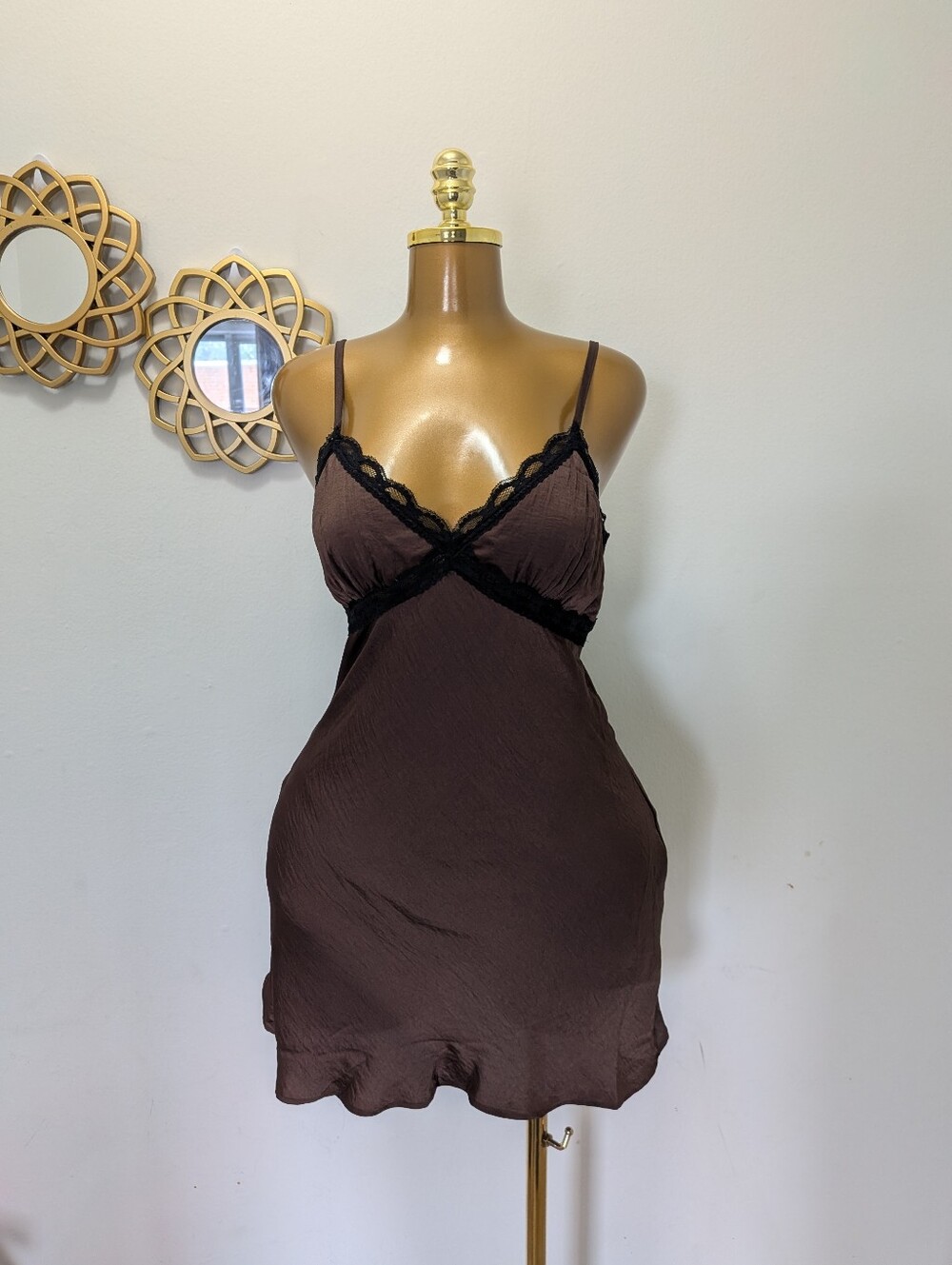 Wild-fable Women's Brown and Black Sleeveless Lace Trim Mini Slip Dress M NWT